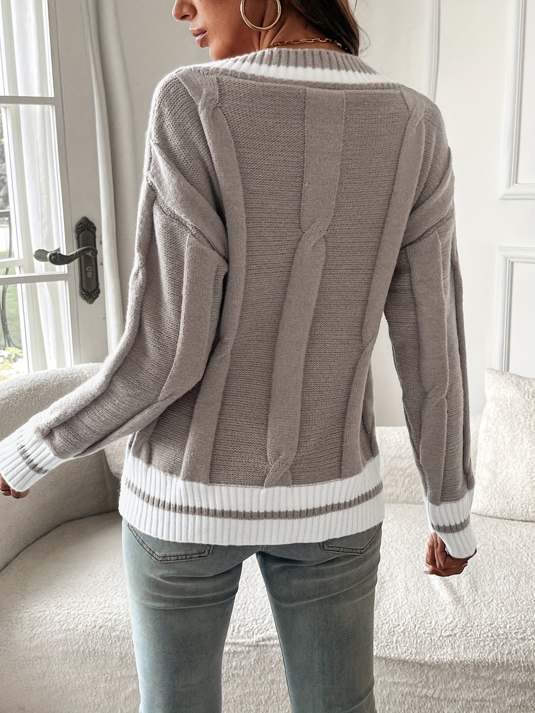 Giovanna | Women's V-Neck Knit Sweater with Stripe Trim and Cable Detail