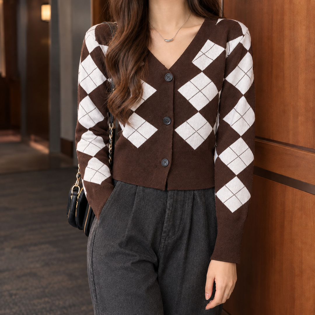 Karina | Cropped Argyle Cardigan with V-Neckline