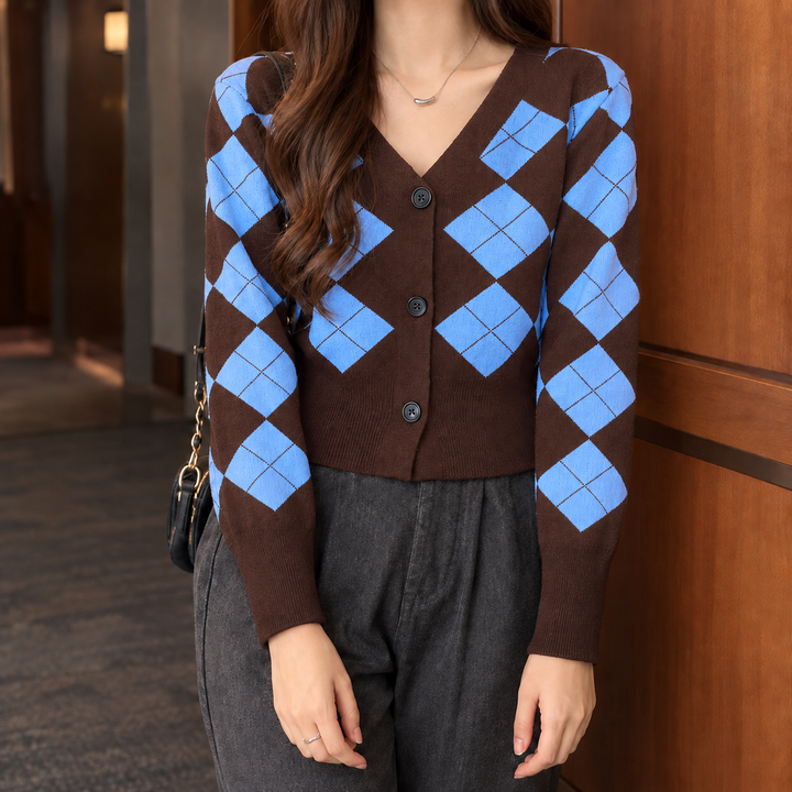 Karina | Cropped Argyle Cardigan with V-Neckline