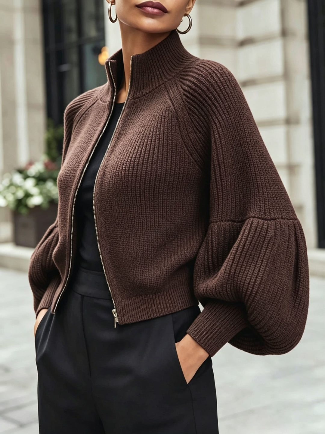 Mariah | Women's Cropped Knit Cardigan with Puff Sleeves