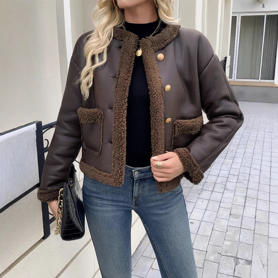 Mae | Women's Cropped Leather Jacket with Sherpa Trim
