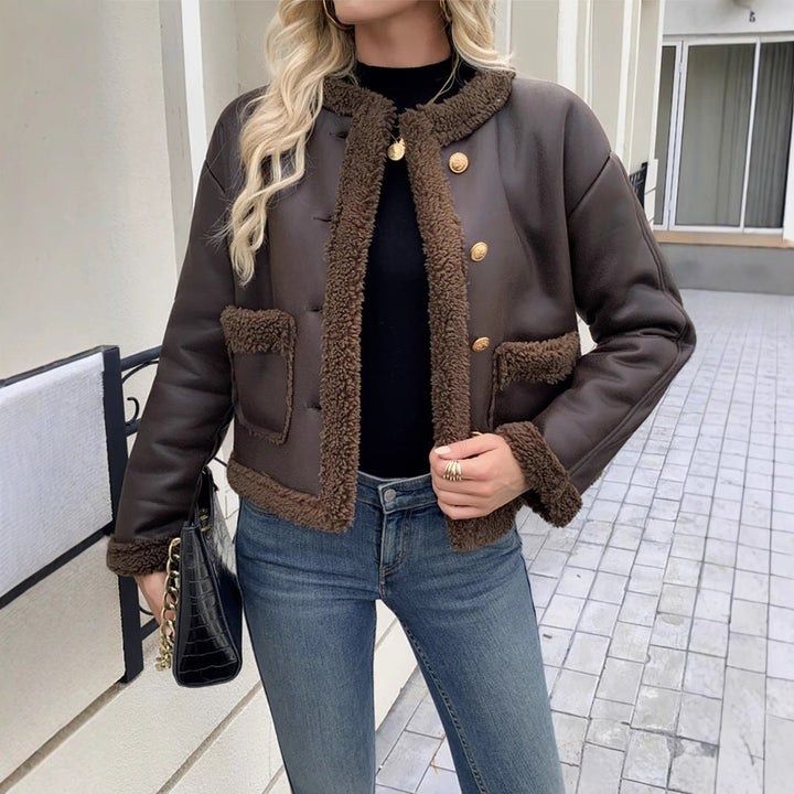 Mae | Women's Cropped Leather Jacket with Sherpa Trim