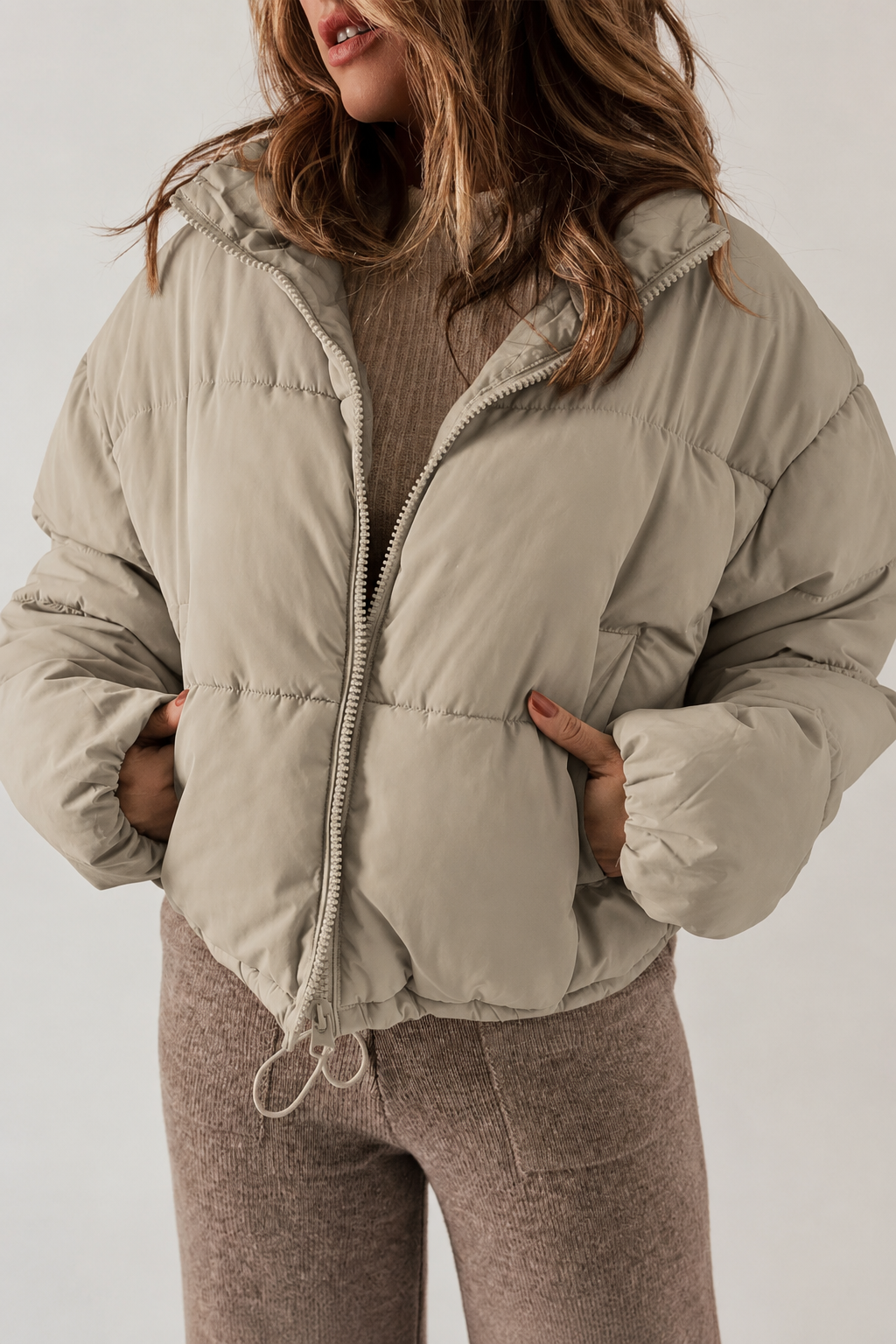 Jolie | Cropped Puffer Jacket with Stand Collar and Drawcord Hem