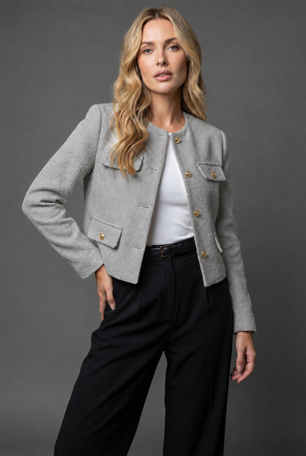Rosa | Cropped Tweed Blazer with Gold Buttons and Flap Pockets