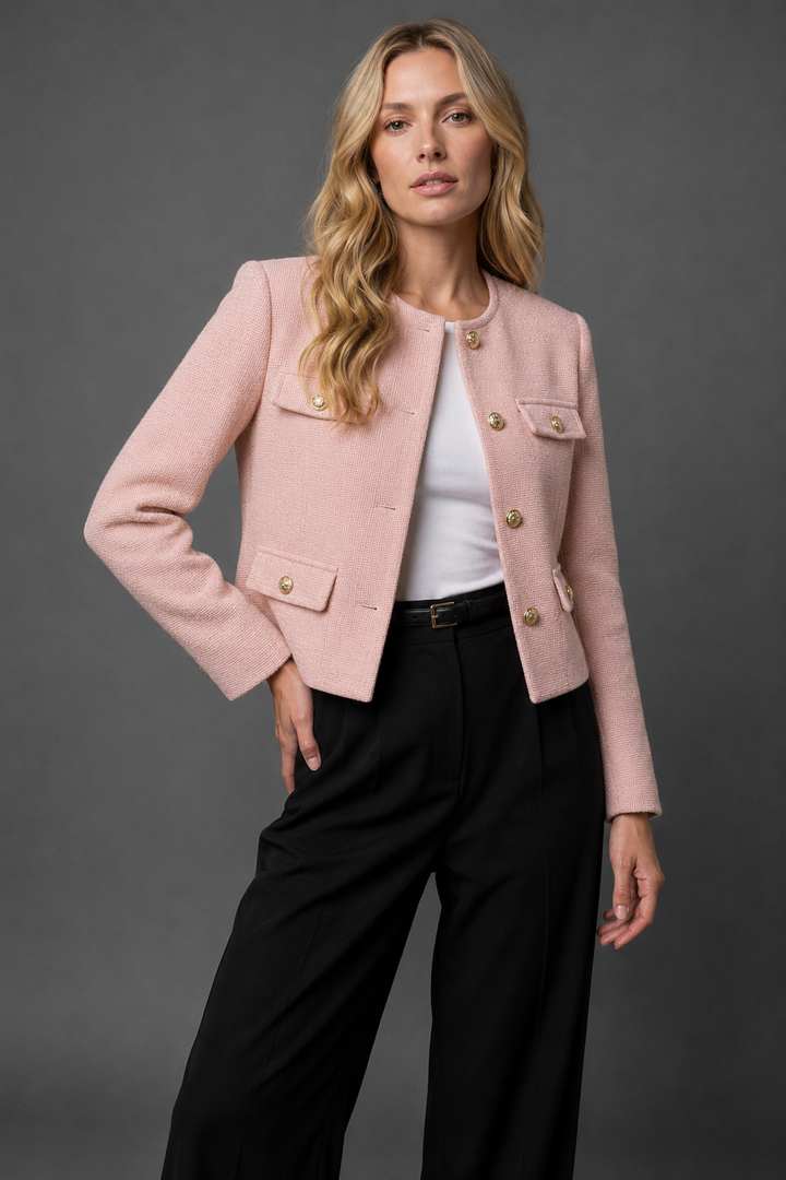 Rosa | Cropped Tweed Blazer with Gold Buttons and Flap Pockets