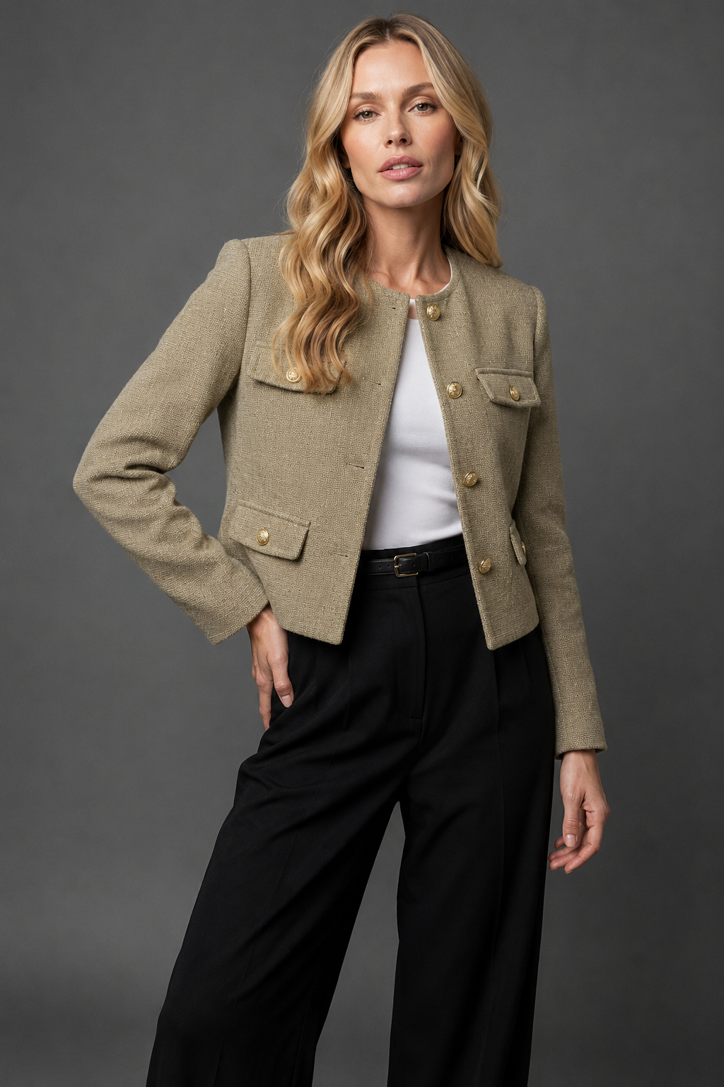 Rosa | Cropped Tweed Blazer with Gold Buttons and Flap Pockets