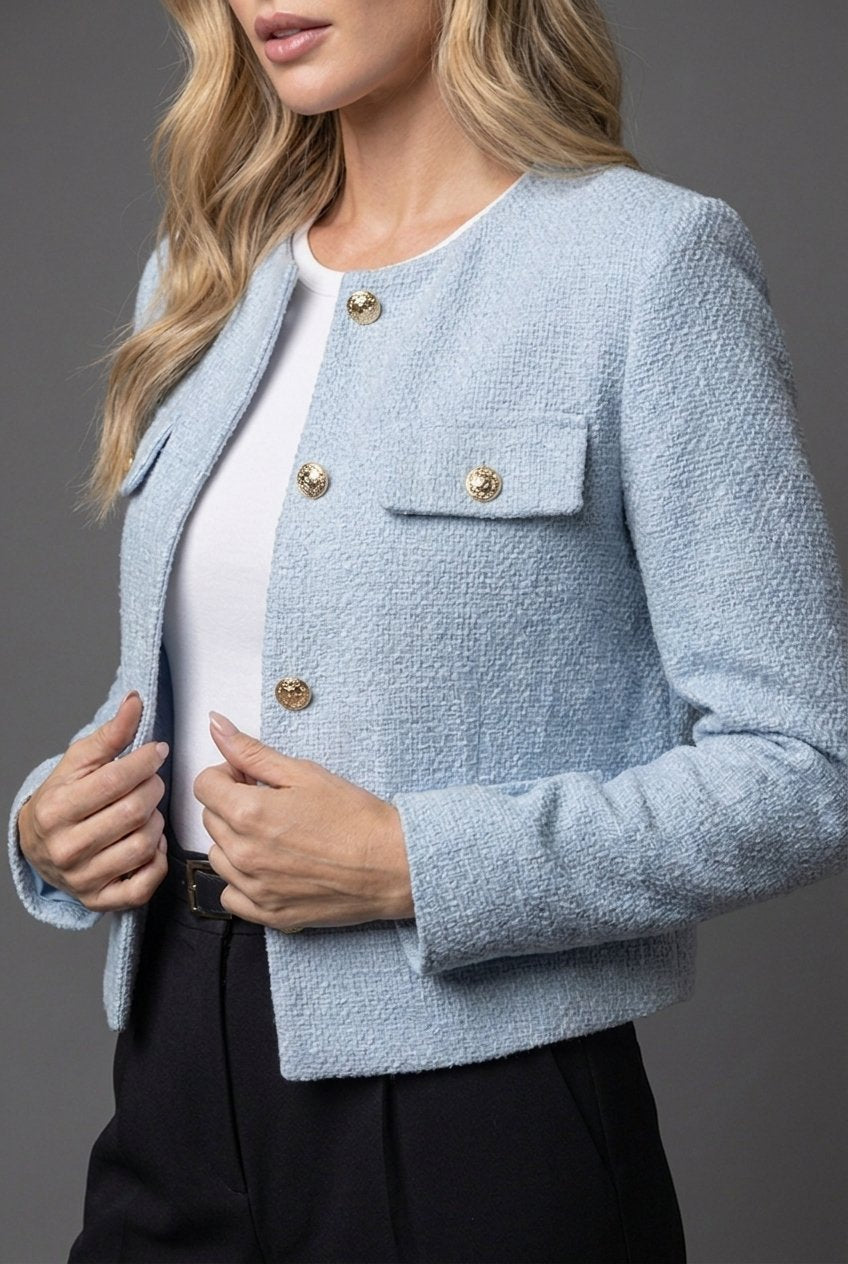 Rosa | Cropped Tweed Blazer with Gold Buttons and Flap Pockets