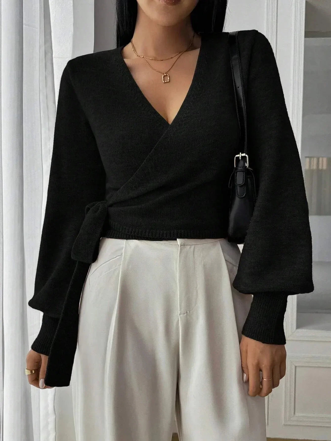 Tillie | Cropped Wrap Knit Sweater with Tie Waist and V-Neckline