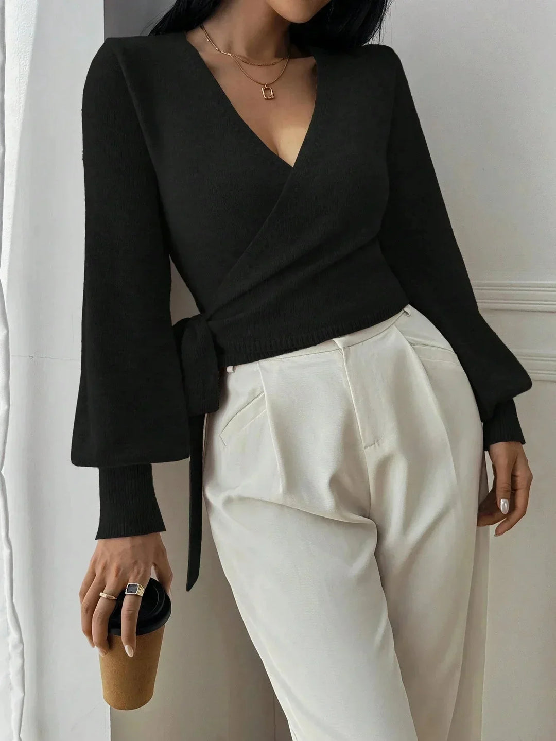 Tillie | Cropped Wrap Knit Sweater with Tie Waist and V-Neckline
