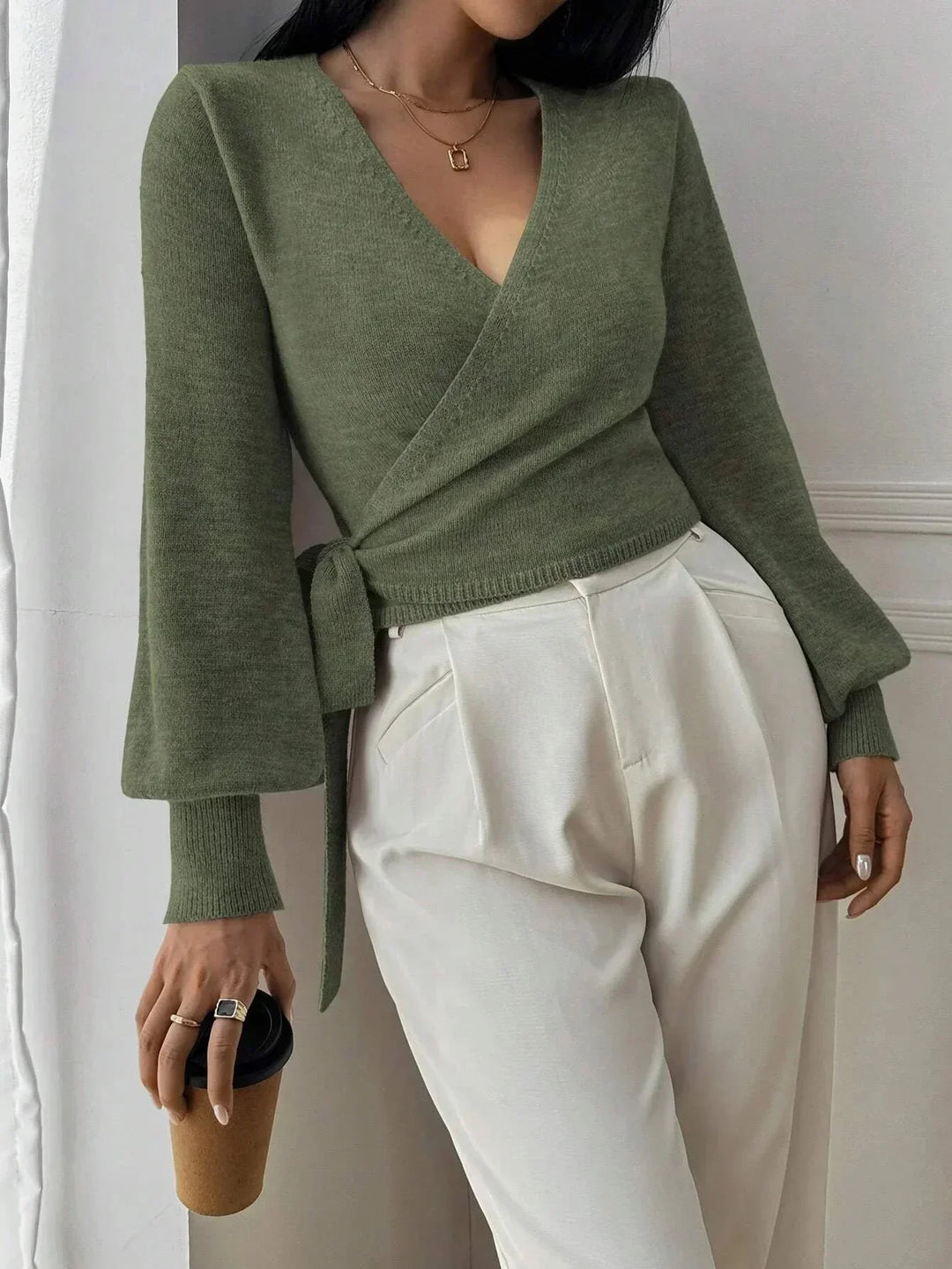 Tillie | Cropped Wrap Knit Sweater with Tie Waist and V-Neckline