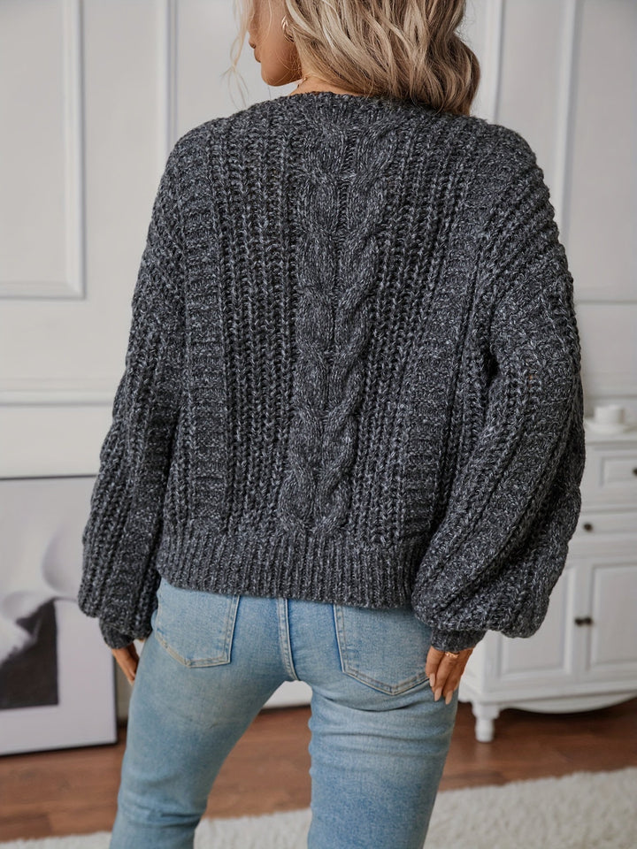 Priscilla | Women's Chunky Cable Knit Sweater with V-Neckline and Puff Sleeves