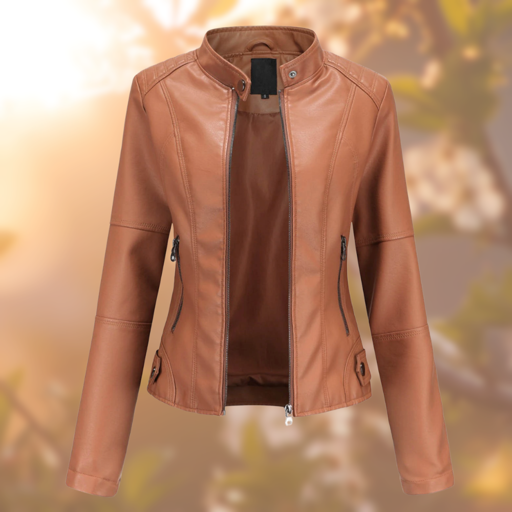 Sophia | Classic Black Leather Jacket with Zip Closure