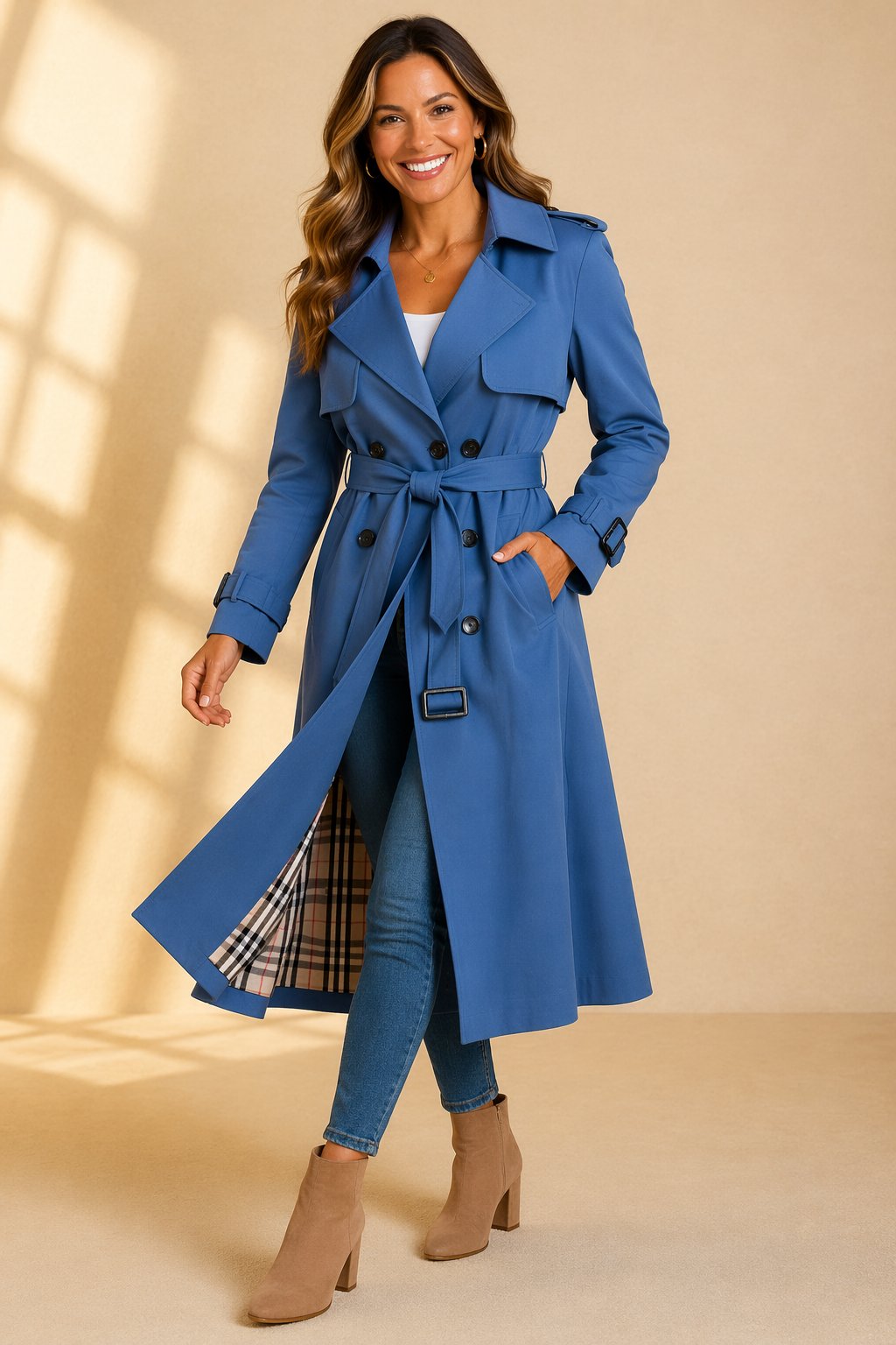 Jazmine | Double Breasted Long Trench Coat with Belt and Check Lining
