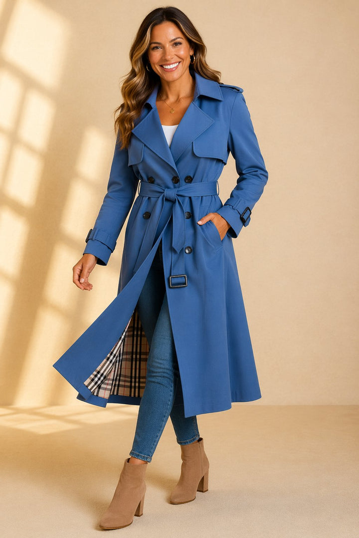 Jazmine | Double Breasted Long Trench Coat with Belt and Check Lining