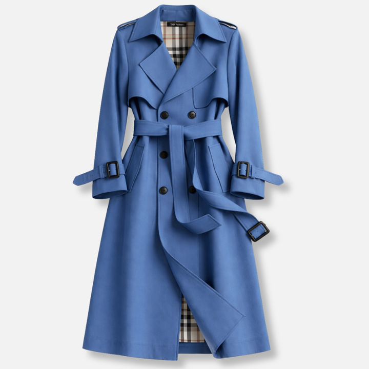 Karla | Double Breasted Long Trench Coat with Check Lining and Belt