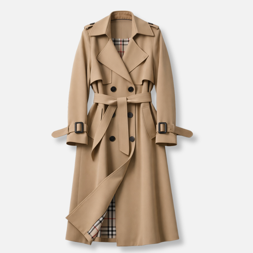 Karla | Double Breasted Long Trench Coat with Check Lining and Belt
