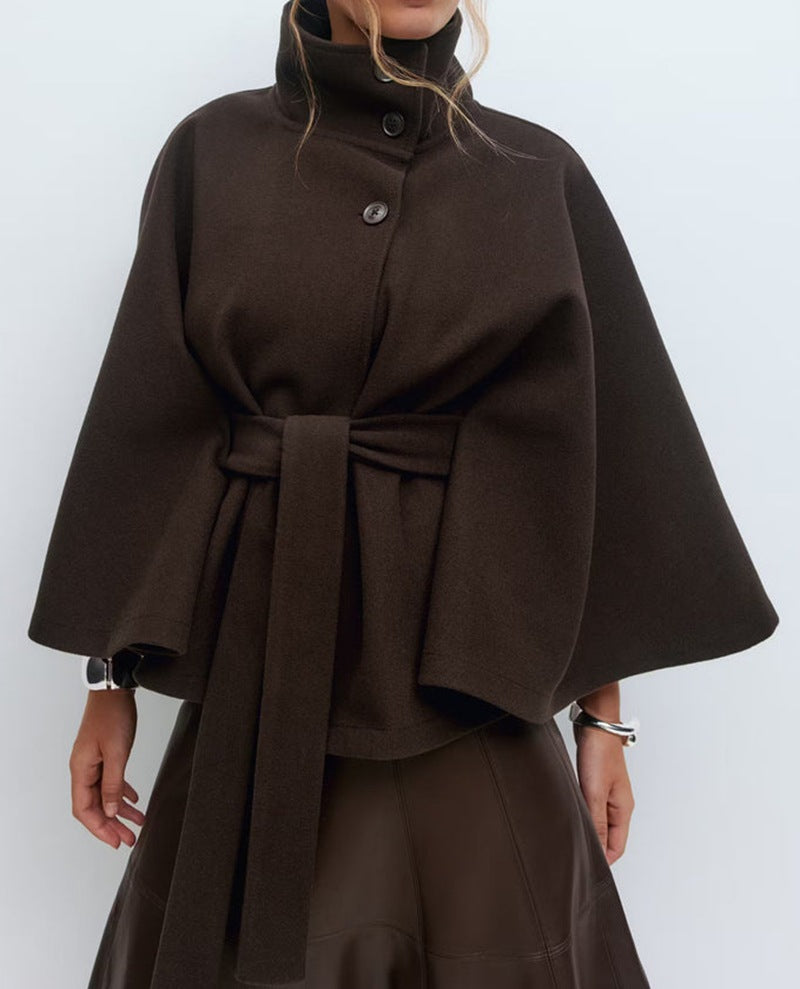 Ottilie | Elegant Belted Cape Coat with Stand Collar and Button Closure