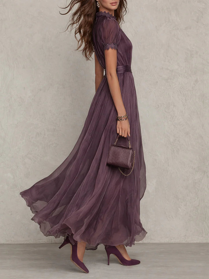 Liliana | Elegant Mauve Chiffon Maxi Dress with Lace Trim and Satin Waist Belt