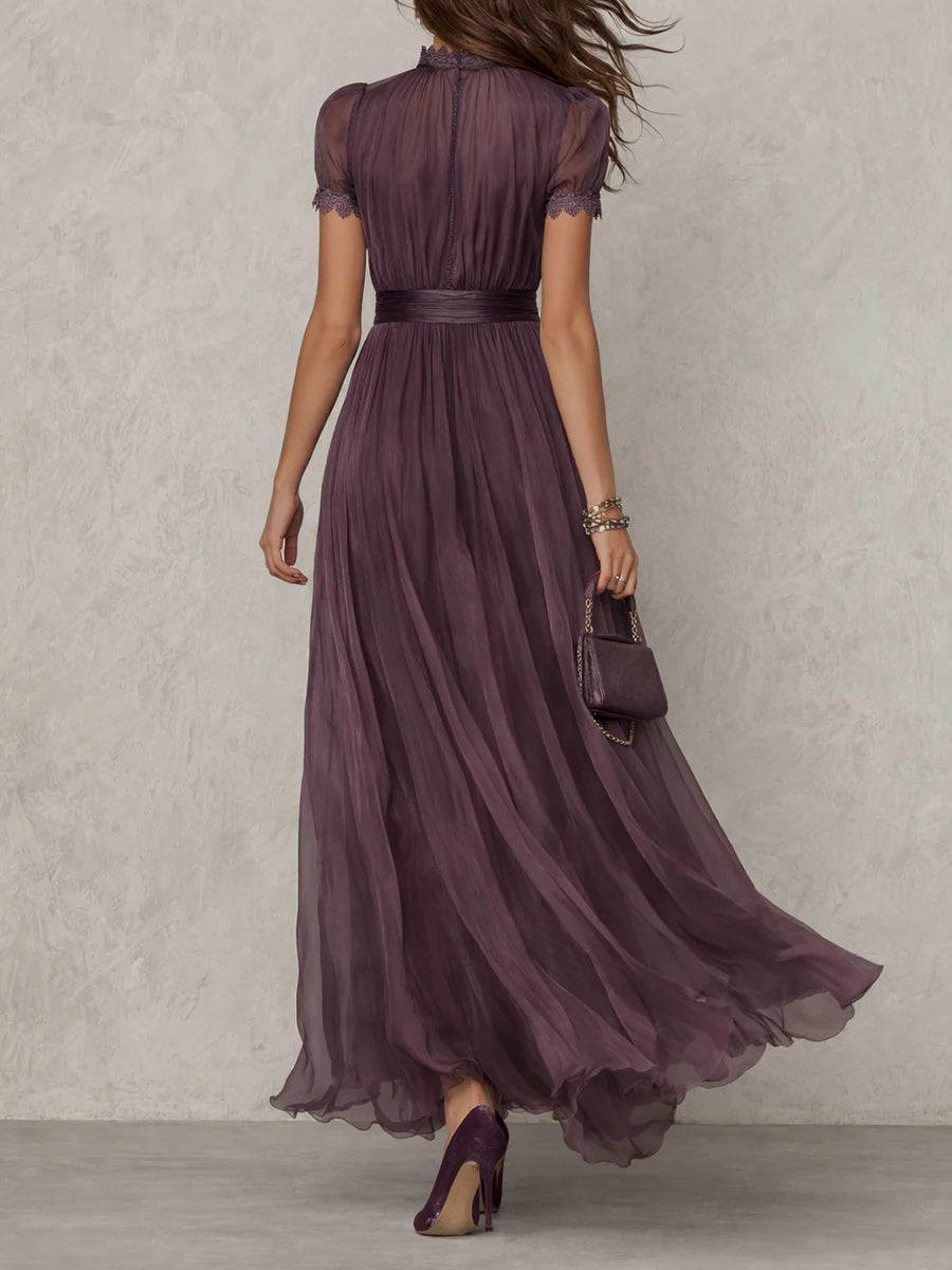 Liliana | Elegant Mauve Chiffon Maxi Dress with Lace Trim and Satin Waist Belt