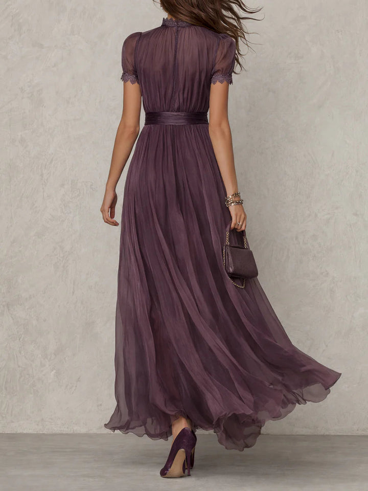 Liliana | Elegant Mauve Chiffon Maxi Dress with Lace Trim and Satin Waist Belt