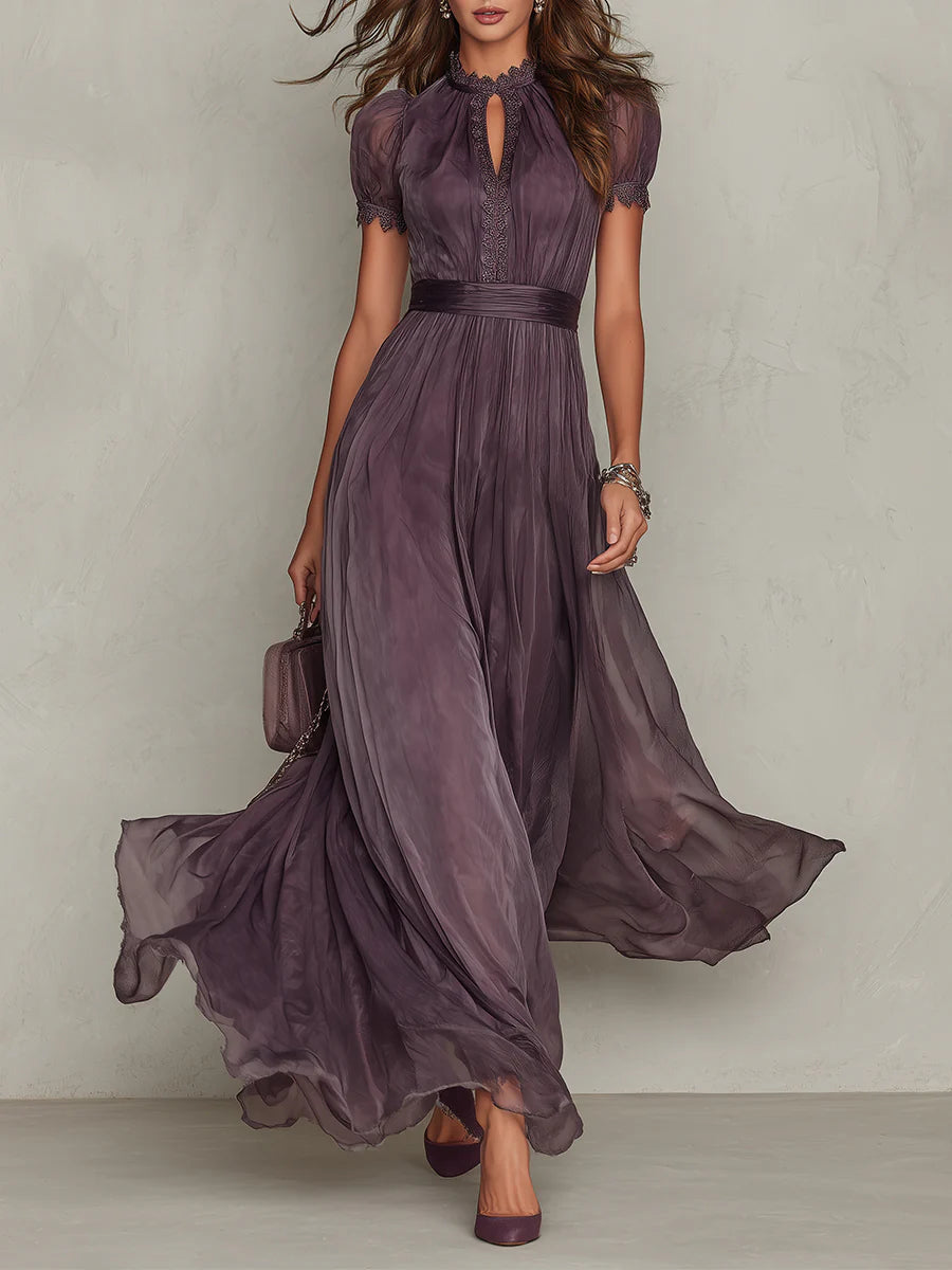 Liliana | Elegant Mauve Chiffon Maxi Dress with Lace Trim and Satin Waist Belt