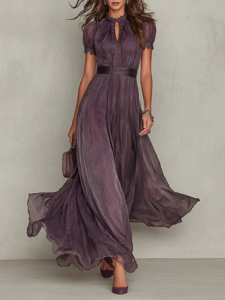 Liliana | Elegant Mauve Chiffon Maxi Dress with Lace Trim and Satin Waist Belt