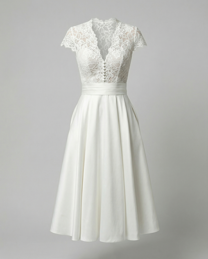 Arielle | Elegant White Wedding Dress with Lace Bodice and Full Skirt