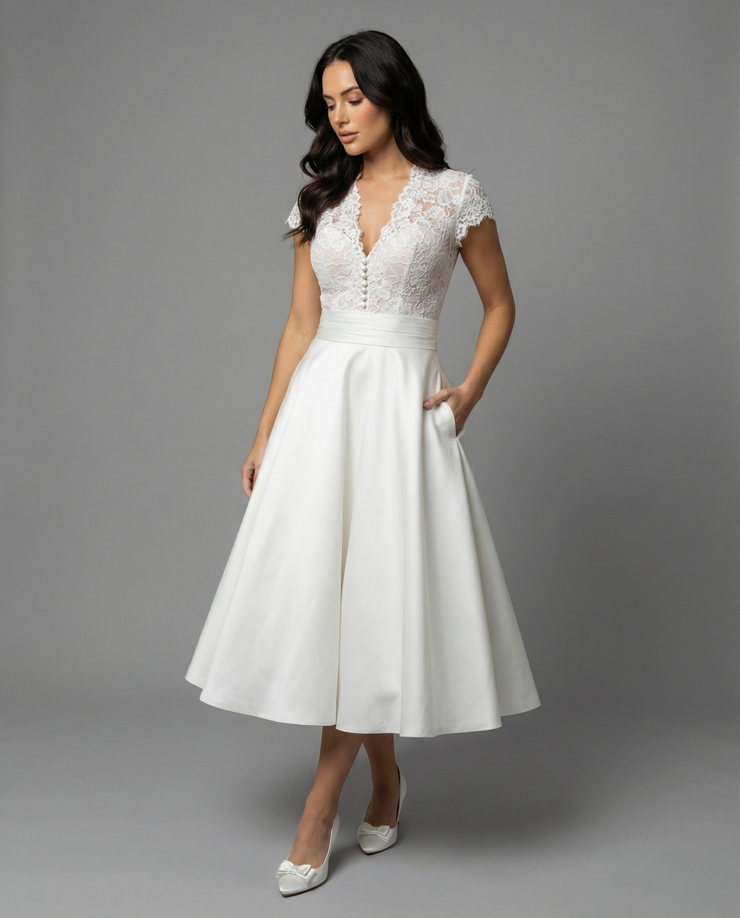 Arielle | Elegant White Wedding Dress with Lace Bodice and Full Skirt