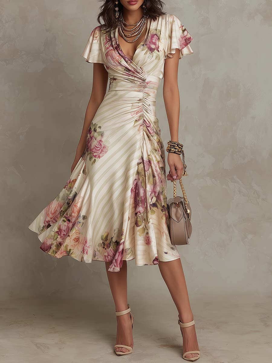 Adriana | Elegant retro floral satin midi dress