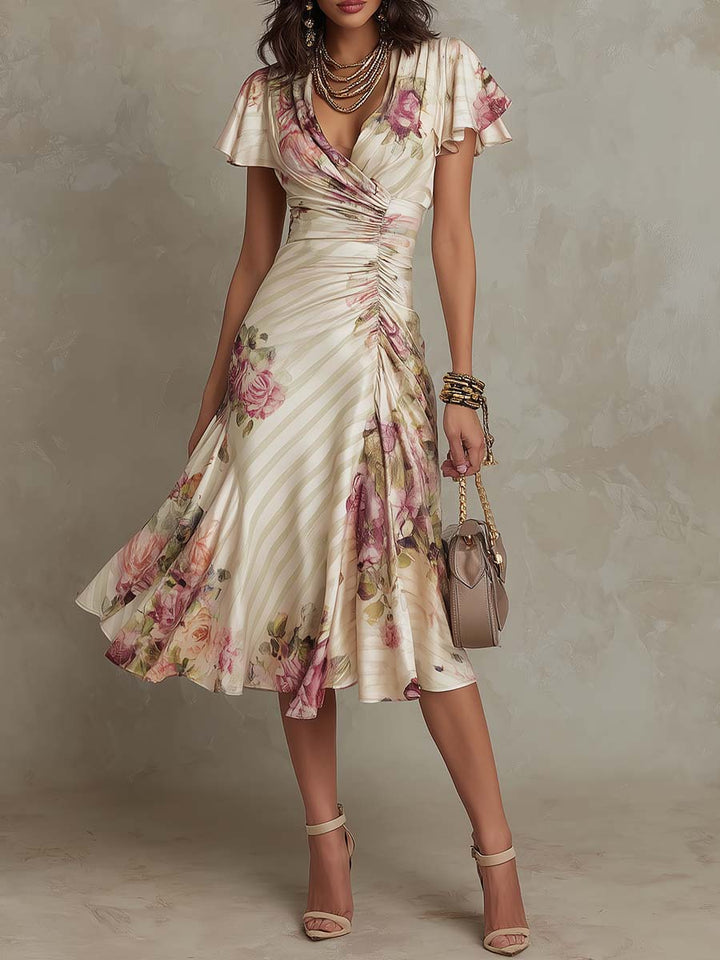Adriana | Elegant retro floral satin midi dress