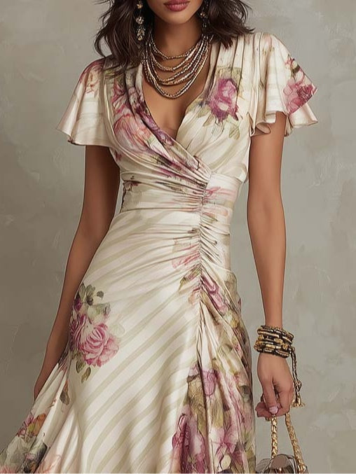 Adriana | Elegant retro floral satin midi dress