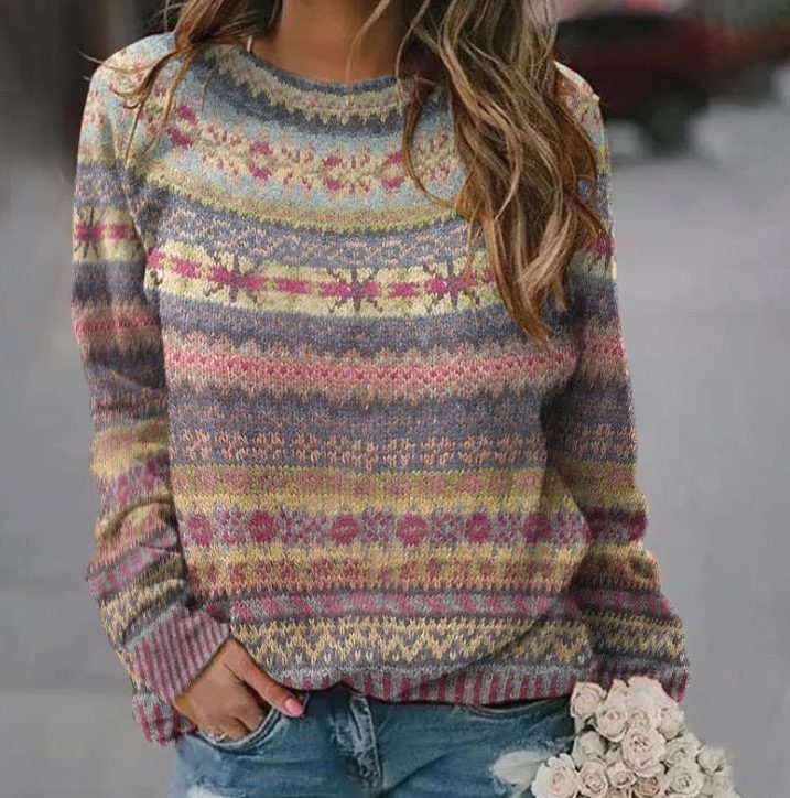Lilith | Fair Isle Knit Sweater with Crew Neck and Multicolour Pattern