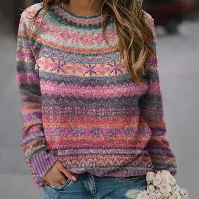 Lilith | Fair Isle Knit Sweater with Crew Neck and Multicolour Pattern