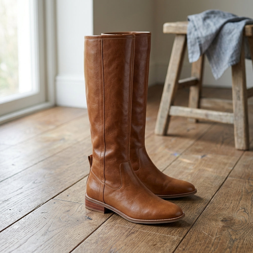 Marwa | Flat Knee High Leather Boots with Sleek Riding Style