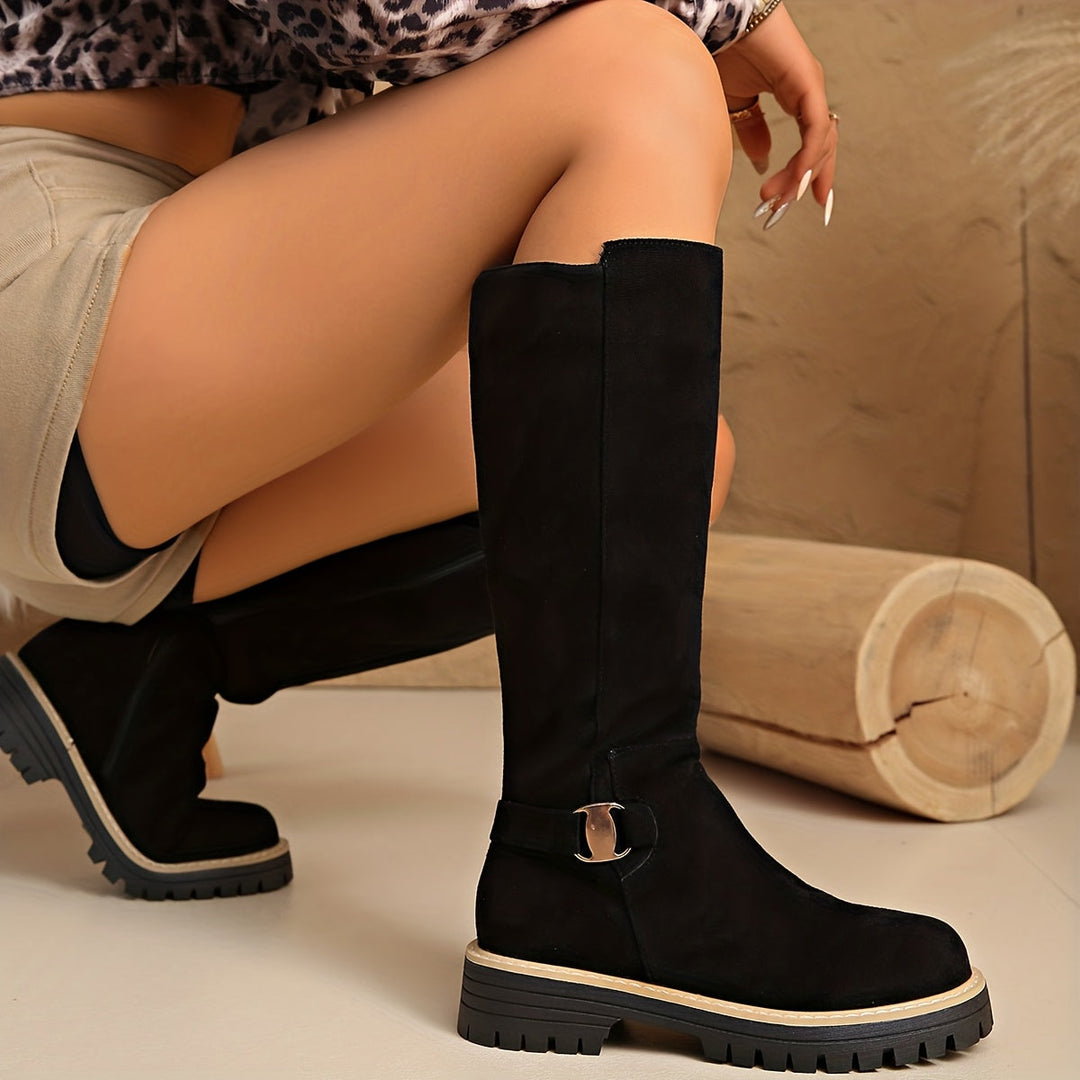 Brianna | Flat Knee High Suede Boots with Buckle Detail and Lug Sole