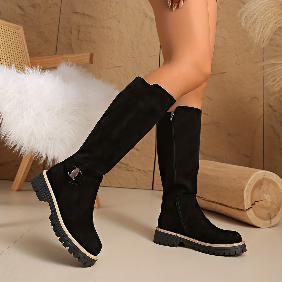 Brianna | Flat Knee High Suede Boots with Buckle Detail and Lug Sole