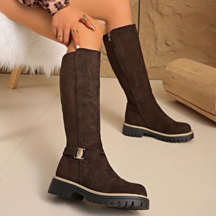 Brianna | Flat Knee High Suede Boots with Buckle Detail and Lug Sole