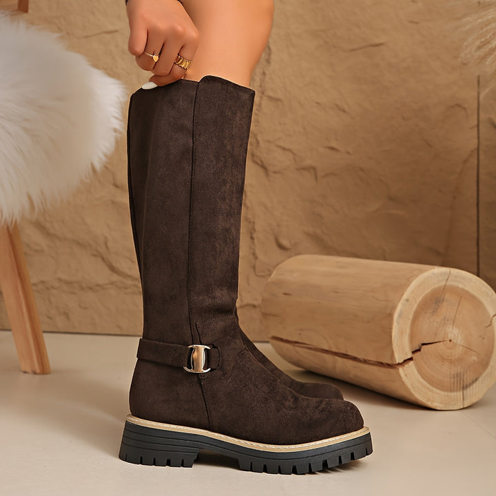 Brianna | Flat Knee High Suede Boots with Buckle Detail and Lug Sole