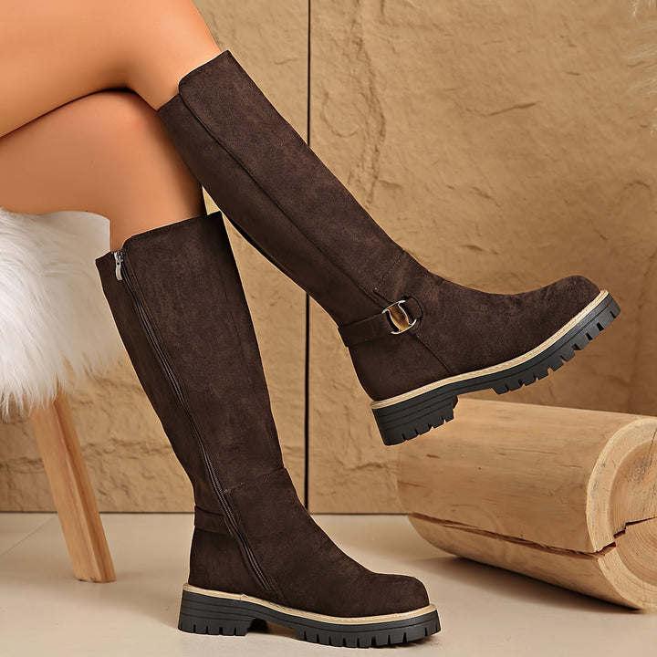Brianna | Flat Knee High Suede Boots with Buckle Detail and Lug Sole