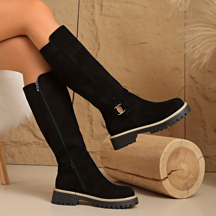 Brianna | Flat Knee High Suede Boots with Buckle Detail and Lug Sole