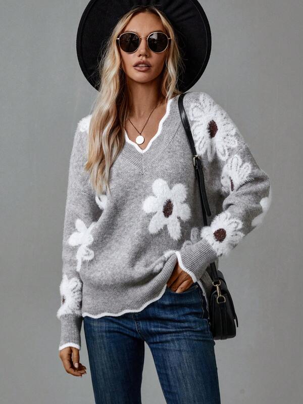 Nora | Women’s Knit Sweater with Daisy Print