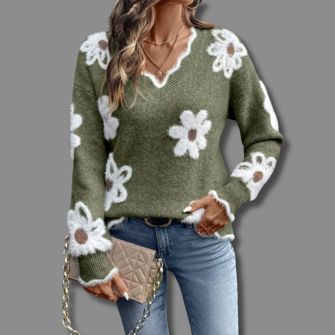 Nora | Women’s Knit Sweater with Daisy Print