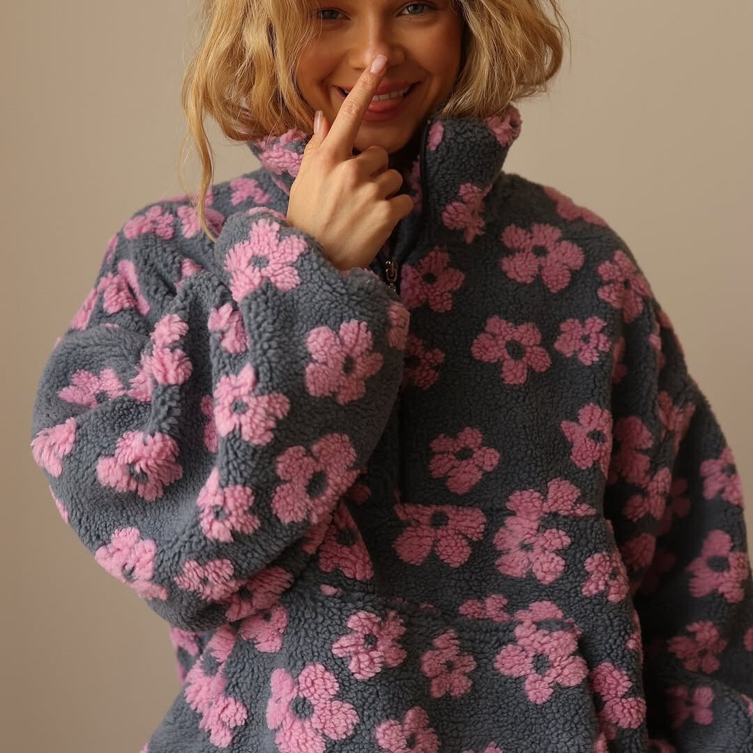 Mabli | Oversized Floral Teddy Fleece Jacket with Half Zip