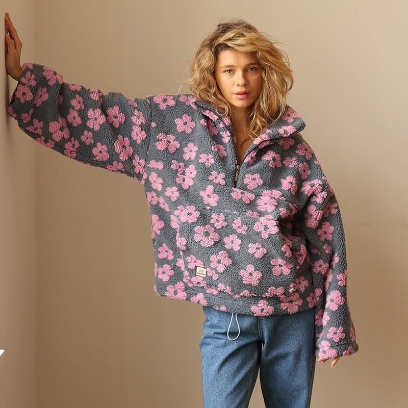 Mabli | Oversized Floral Teddy Fleece Jacket with Half Zip