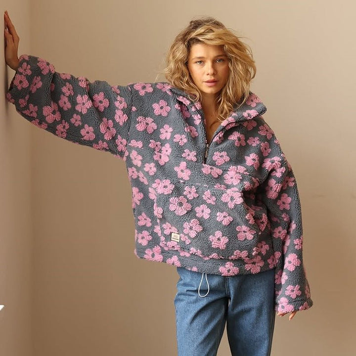 Mabli | Oversized Floral Teddy Fleece Jacket with Half Zip
