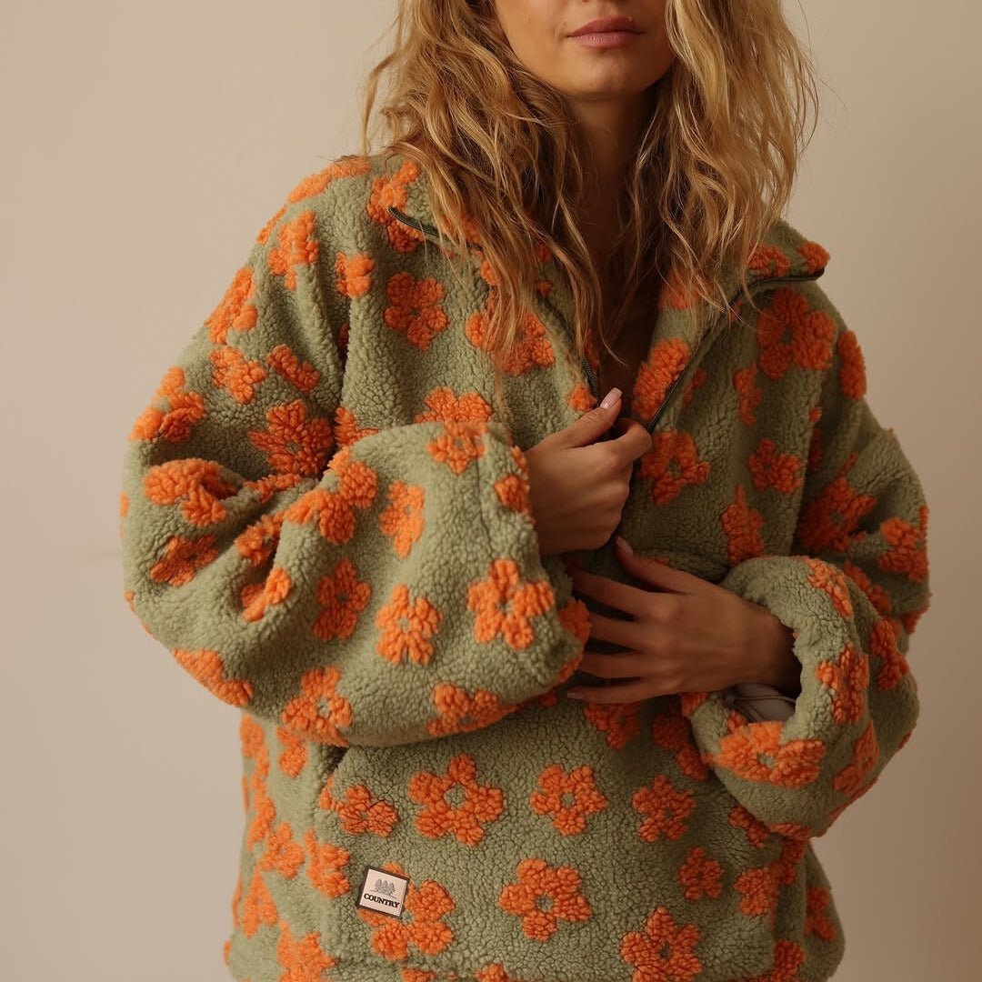 Mabli | Oversized Floral Teddy Fleece Jacket with Half Zip