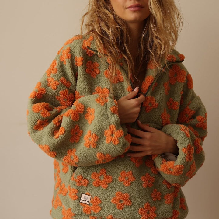 Mabli | Oversized Floral Teddy Fleece Jacket with Half Zip