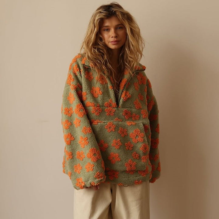 Mabli | Oversized Floral Teddy Fleece Jacket with Half Zip