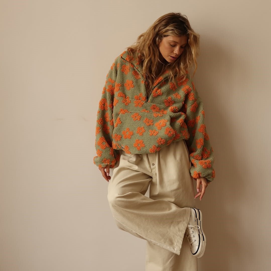 Mabli | Oversized Floral Teddy Fleece Jacket with Half Zip
