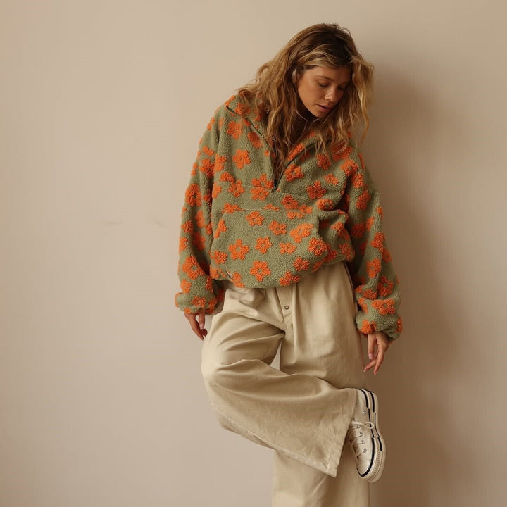 Mabli | Oversized Floral Teddy Fleece Jacket with Half Zip